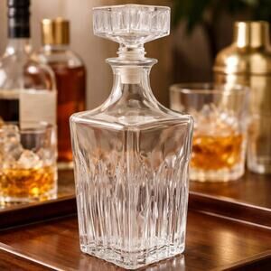 Vintage 70s Italian Cut Glass Decanter Square Stopper 9.5” Made in Italy